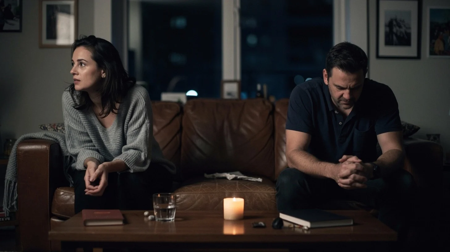 A couple sitting together in warm light, each looking in a different direction — the space between them visible and felt.