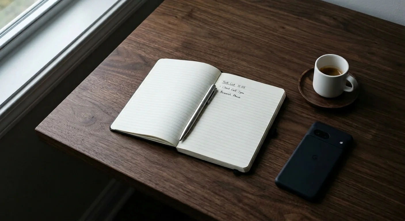 Open journal and espresso on a dark desk — the daily ritual