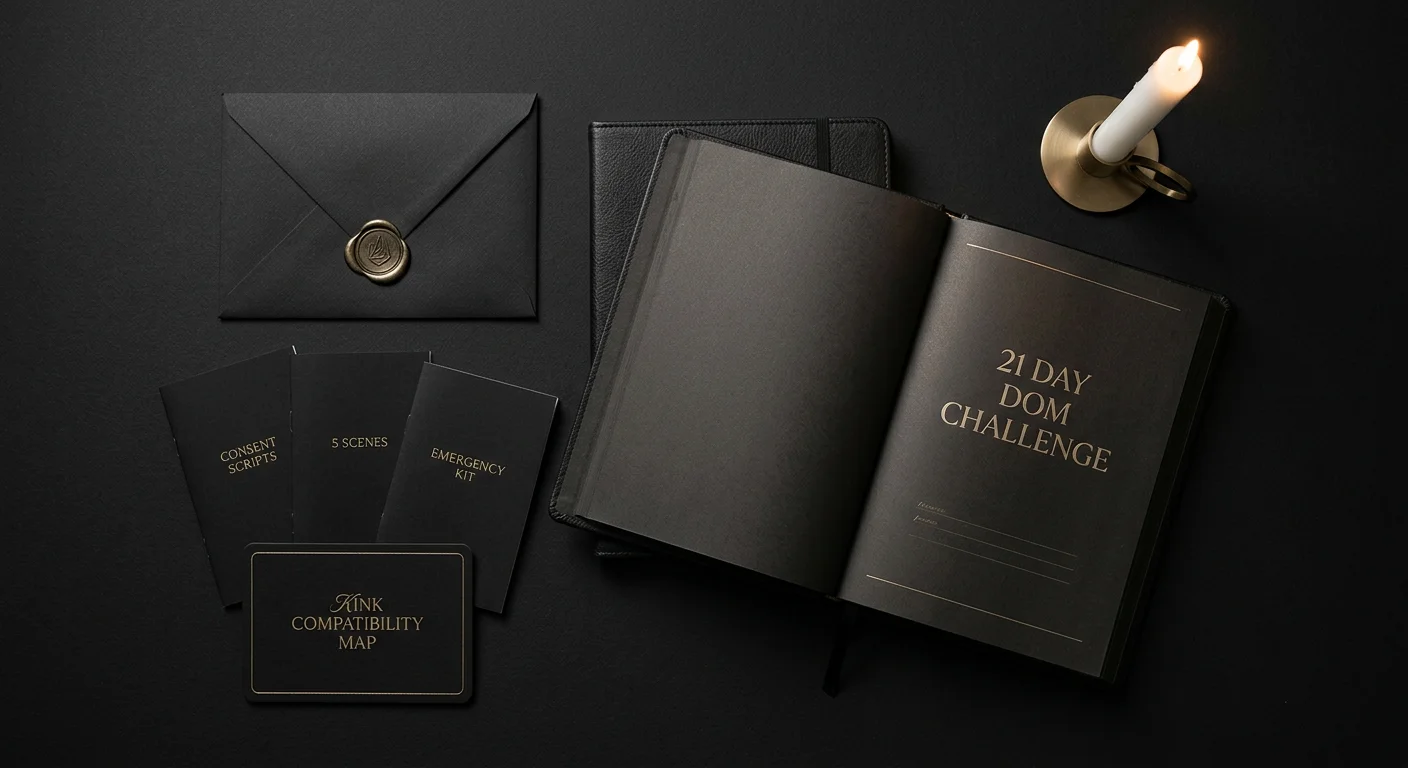 The 21-Day Dom Challenge bundle — journal, guides, scripts, and compatibility map on dark surface
