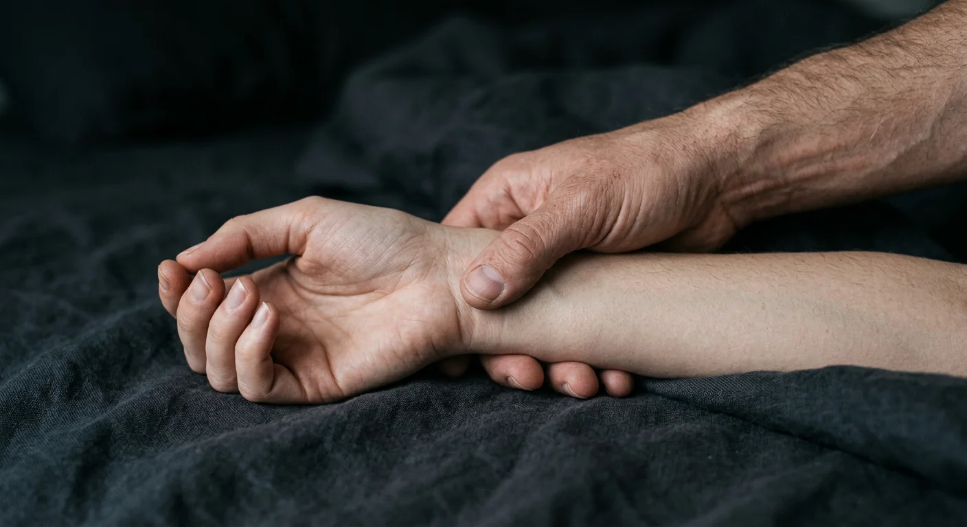 Two hands clasped together on dark sheets — trust at the foundation of dominance